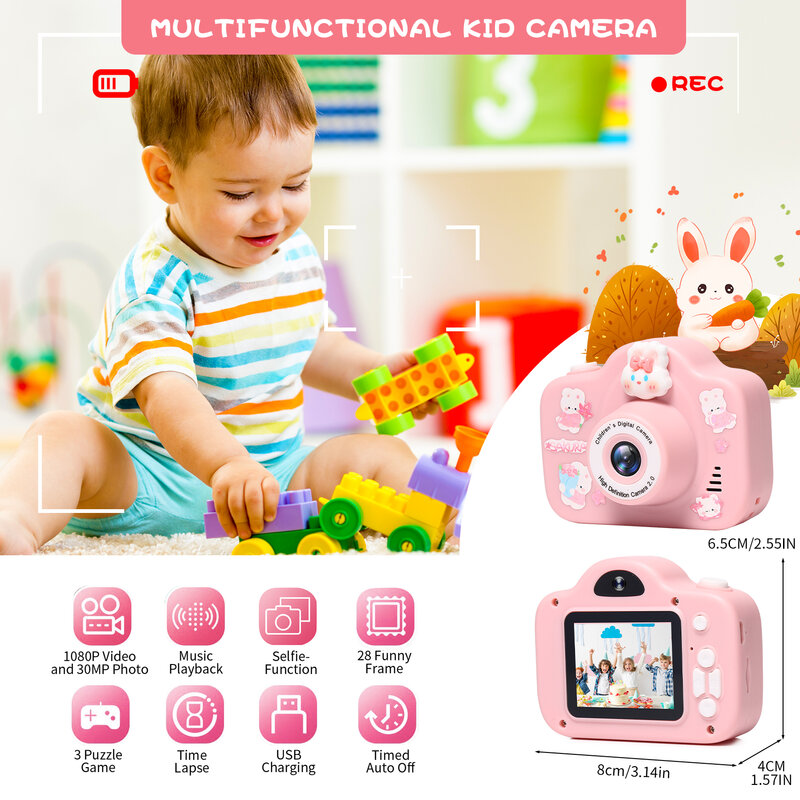 어린이 디지털 비디오 카메라 장난감, 야외 사진 장난감 카메라, 32G SD 카드, 귀여운 카메라 가방, 1080P HD