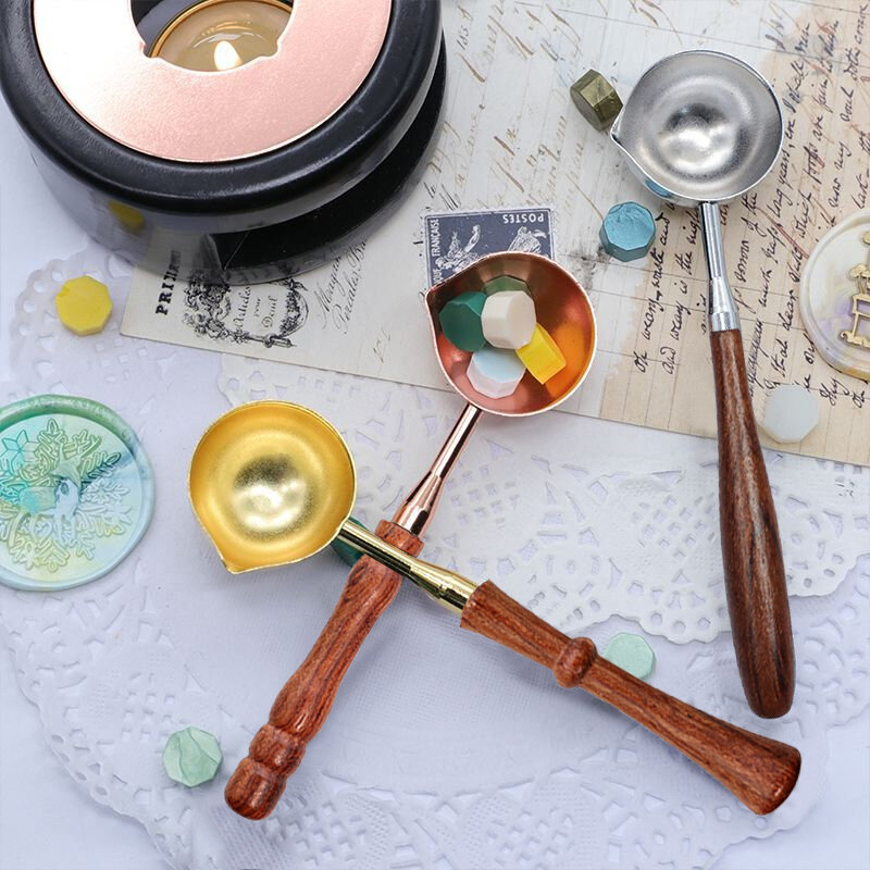 New Sealing Wax Spoon Anti-Hot Wood Handle Retro Wax Stamping Spoons Fire Paint Melting Firing Stamp Envelopes Card Metal Tool