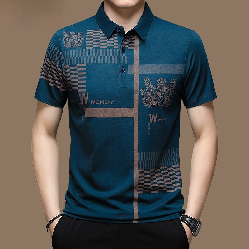 New Summer T Shirts for Men Short Sleeve Turn-down Collar Letter Printing Button Striped Polo Tees Fashion Pullover Tops
