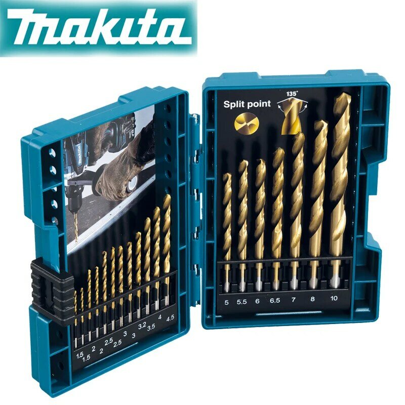 Makita-Metal Twist Drill Bit Set, revestimento de titânio-nitreto, carpintaria brocas elétricas, Metal Working, D-67527 HSS, TiN, 19Pcs