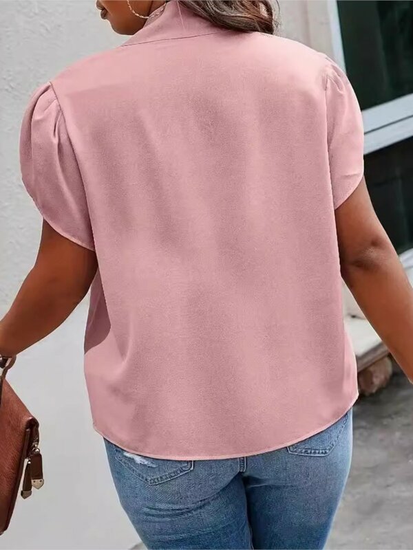 Blusa plissada de gola curva feminina, blusas de pulôver feminino, plus size, solta, casual, elegante, rosa, moda, verão