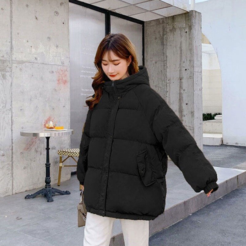 Женская свободная теплая куртка на молнии с воротником-стойкой и капюшоном, зимние парки в Корейском стиле, пальто для женщин, элегантные парки с длинным рукавом и карманами, пальто