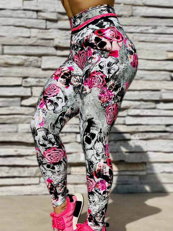Seksowna damska legginsy sportowe Fitness joga róża nadrukowana czaszka do biegania rozciągliwa odzież sportowa siłownia Leggins Slim ćwiczenia spodnie