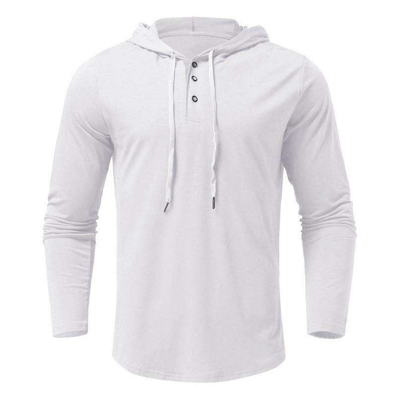 Capuz esportivo de manga comprida masculino, camisa com capuz, casual ativo, capuz de cordão, botão frontal