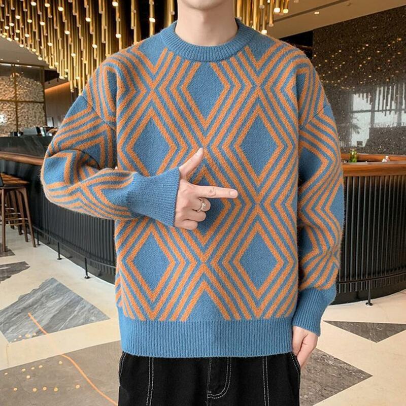 Men Contrast Color Sweater Geometric Print Knitted Men's Sweater Thick Warm O Neck Pullover for Fall Winter Colorblock