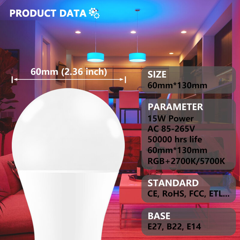 Lampada a LED Smart Bulb WiFi Light Alexa 37 Alice Google Home Assistant Siri Voice Control Color RGB E27 B22 220V 110V dimmerabile