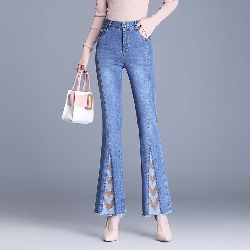 Moda uliczna damska szczupła rozcięcia po bokach mikro dżinsy dzwony koreańska, wiosenna jesienna solidny nowy biurowa luźna casualowe spodnie jeansowe