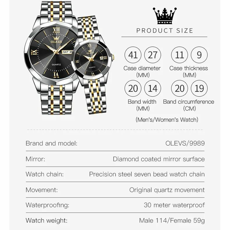 Olevs-男性と女性のためのステンレス鋼の腕時計セット、カップルの時計のペア、カレンダー、彼と彼女、クラシックなファッション、ギフト