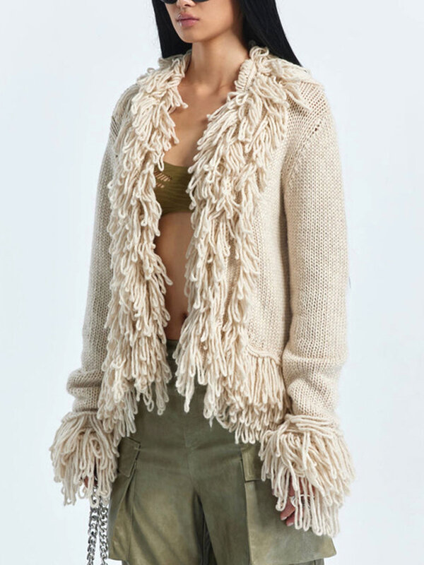 Damski masywny frędzel z otwartym dziergany sweter z przodu zimowa, jesienna moda z długim rękawem jednolity kolor miękki sweter odzież wierzchnia