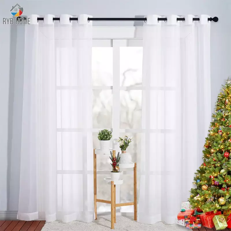 Ryb casa 2 pçs sheer cortinas para sala de estar branco tule casa decoração colorida sólida painéis voile janelas decoração do quarto