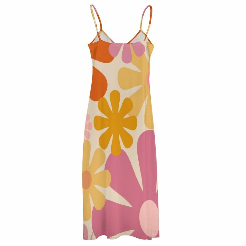 Gaun tanpa lengan Retro 60s 70S, gaun musim panas motif bunga gaya Vintage dalam Thulian, oranye, Mustard, dan krim