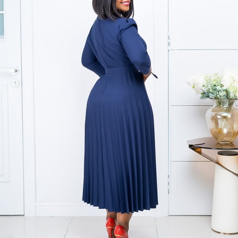 Elegante vestido africano de escritório para mulheres, decote v feminino, manga 3/4, vestido plissado, veste noturna com cinto, verão, 2022
