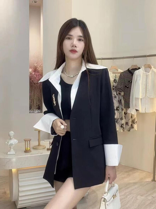 UNXX-Blazer feminino emendado de mangas compridas, casacos de escritório, moda coreana, casual, solto, versátil, preto, primavera, outono, novo