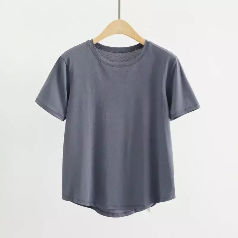 レモンクラス-クルーネック半袖Tシャツ,女性用,汗を発散させるヨガシャツ,通気性のあるランニング,速乾性,ヒップの長さ,フィット