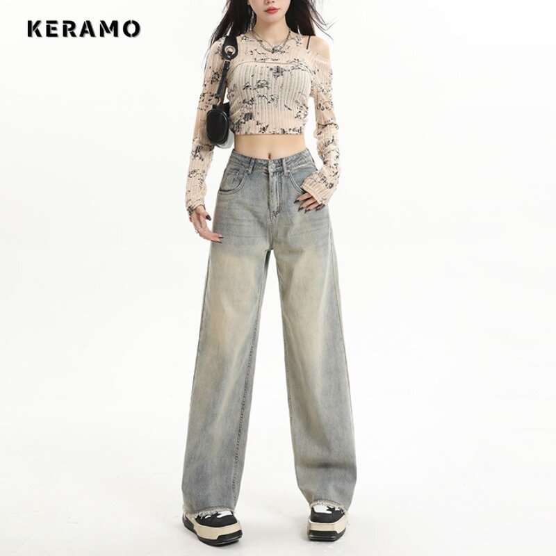 กางเกงยีนส์ขากว้าง2000s Y2K กางเกงชุดลำลองย้อนยุคแฟชั่นของผู้หญิงกางเกงยีนส์ขาตรงเอวสูงแนวสตรีทย้อนยุค