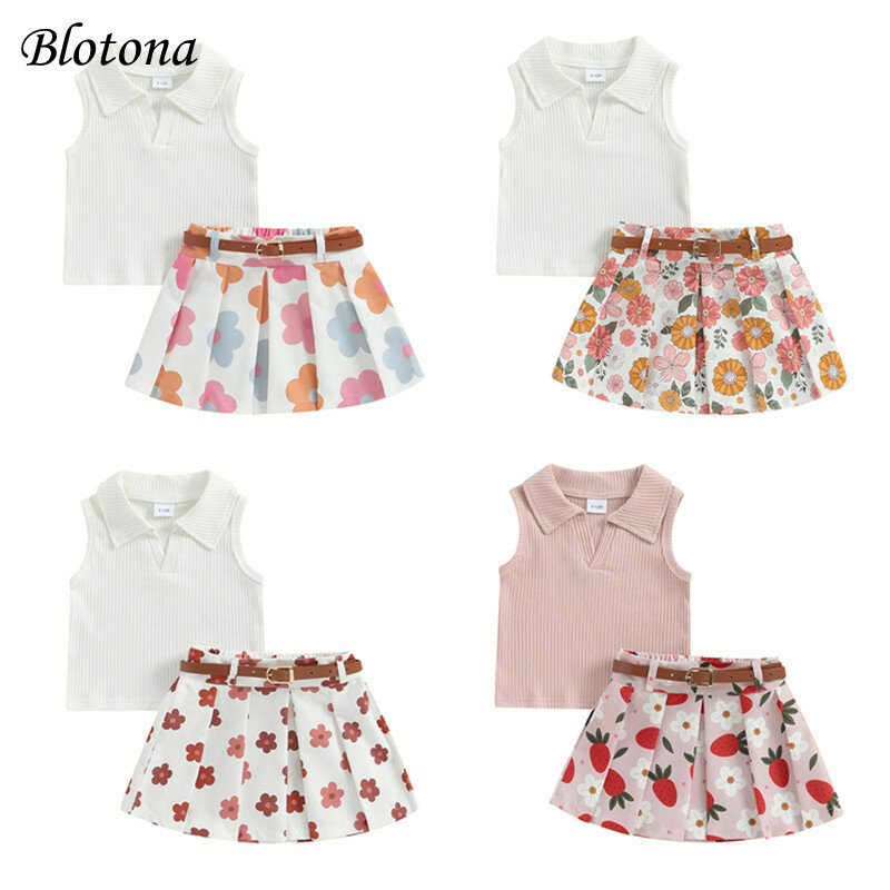 Blotona Toddler Girl Summer Outfit Solid Color Ribbed Knit Tank Tops and Flower/Strawberry Print Skirt with Belt 2Pcs Set