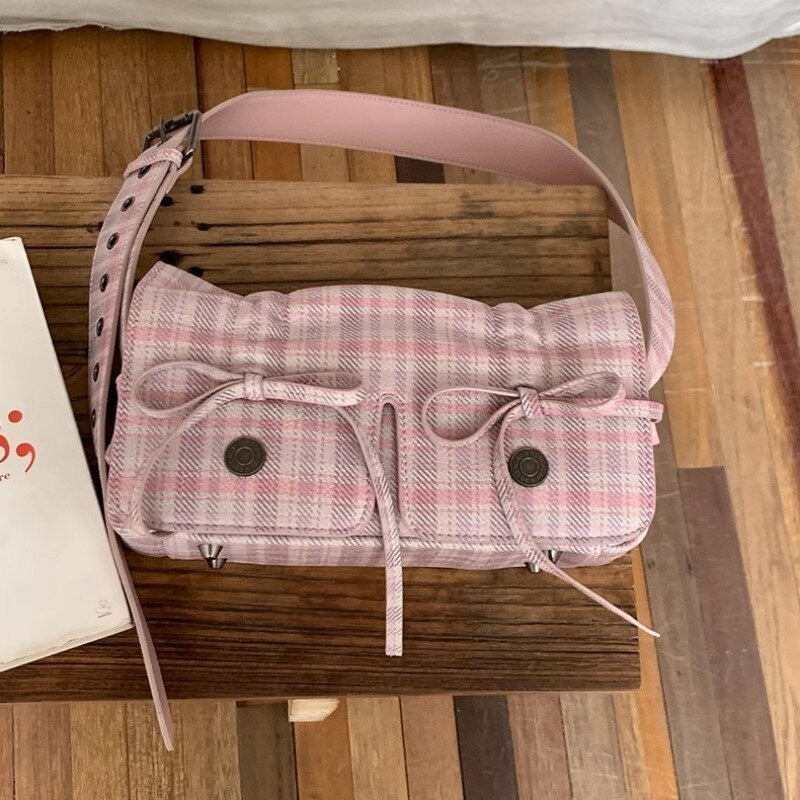 MBTI Plaid Pink Womens Shoulder Bag Pleated Casual Sweet Cute New Fashion Leather Handbag Literary Exquisite Designer Armpit Bag