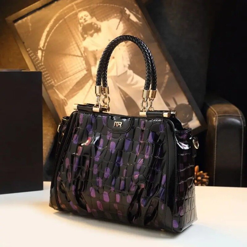 Luxury Crocodile Grain Patent Leather Women Handbags 2024 New Fashion Ladies Portable Tote Bag Large-capacity Shoulder Bags
