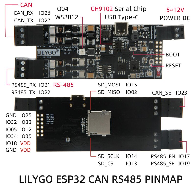 LILYGO® TTGO T-CAN485 ESP32 CAN RS-485, compatible con tarjeta TF, WIFI, Bluetooth, módulo de Control de ingeniería IOT, placa de desarrollo