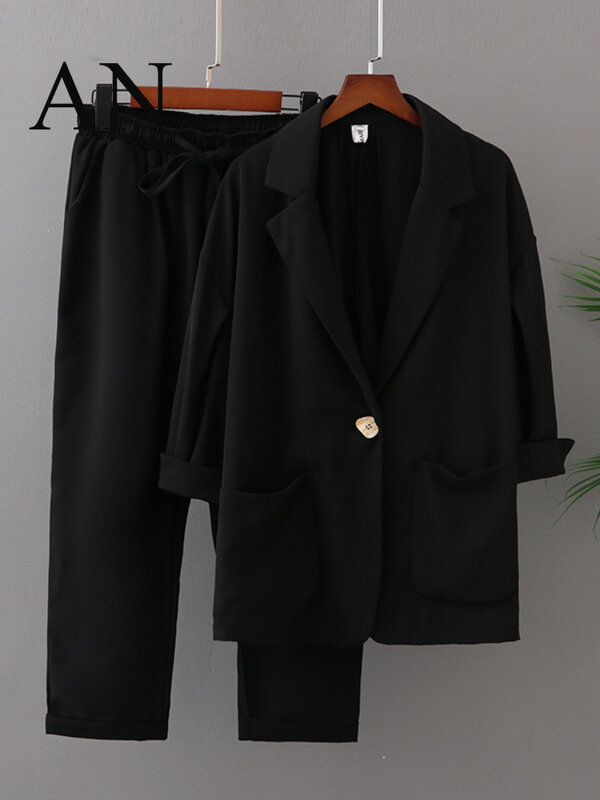 Women's Loose Seven Point Sleeve Spring and Summer Suit Slim Fit Thin Suit Coat with Two-piece Nine Point Pants Linen Set Women