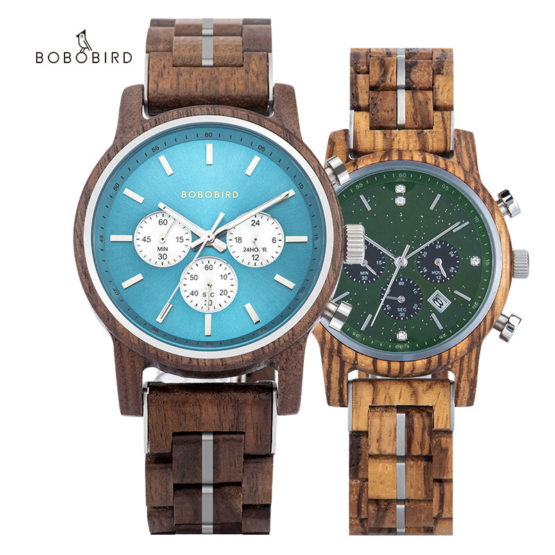 Bobo pássaro novo casal de luxo relógio para mulher e homem de madeira gravado cronógrafo relógios com data automática personalizado relógio de quartzo