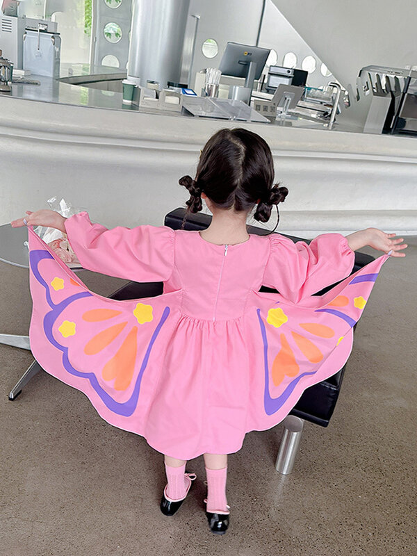Spring Summer Baby Girls Dress 2024 New Kids Long sleeve Butterfly Wing Loose Casual Dresses Children Princess Costume Vestidos