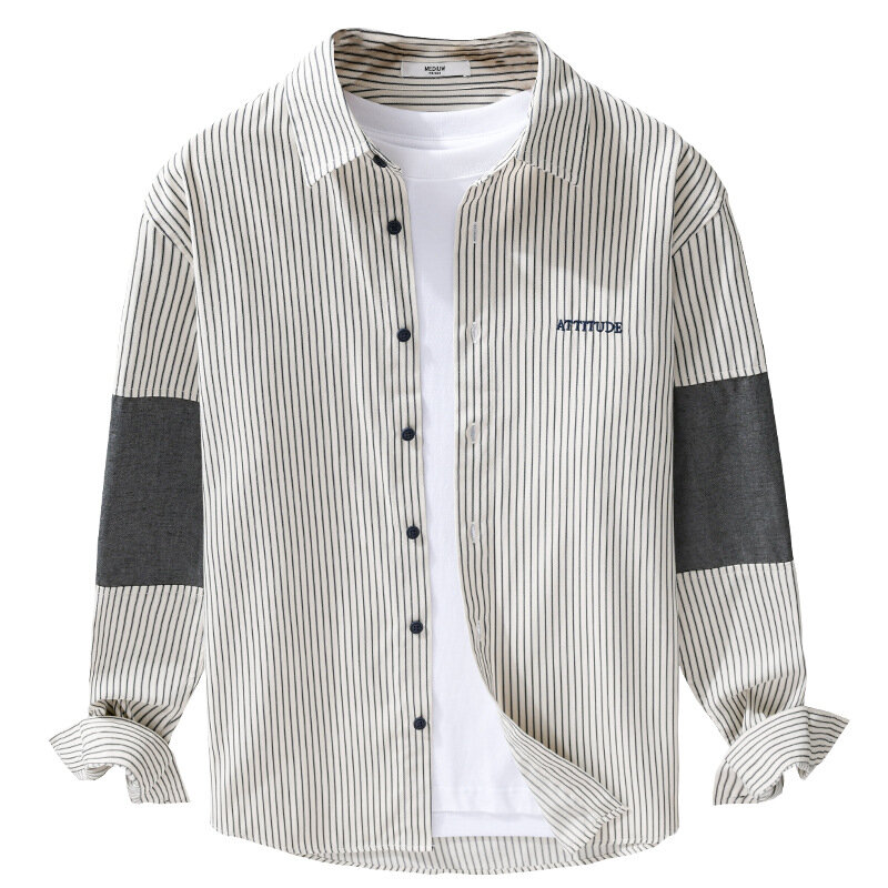 Camisa Vintage de manga larga para hombre, ropa informal holgada con bordado de letras, patrón a rayas, moda de primavera y otoño, 9554