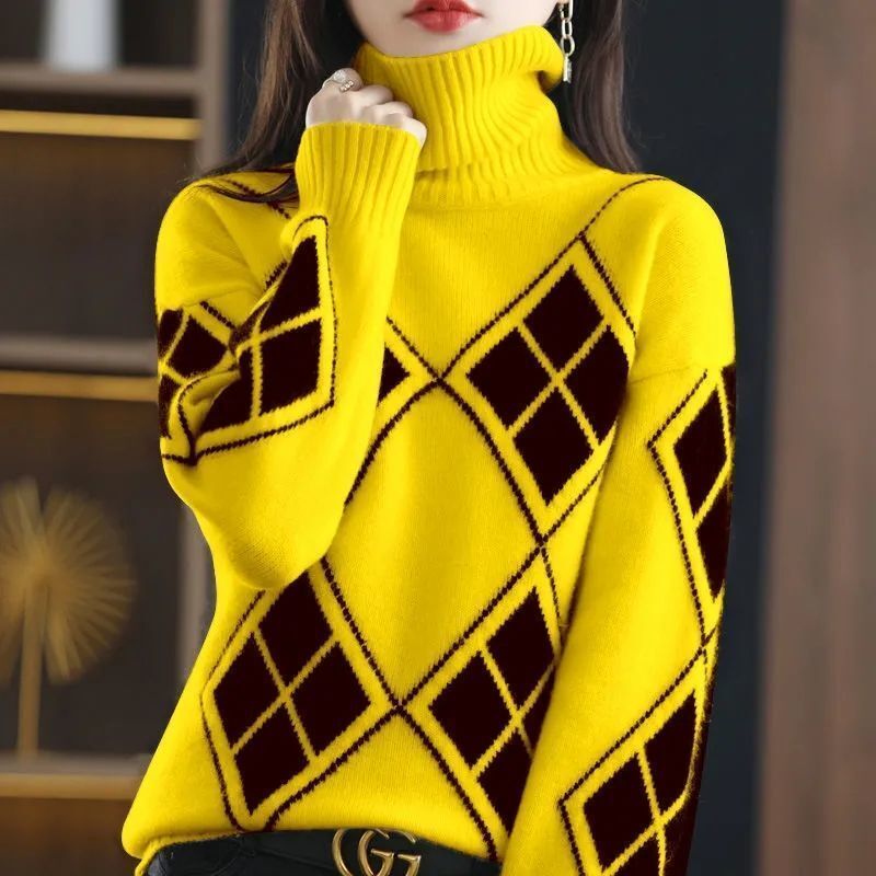 Suéter feminino de gola alta com malha emendada, pulôver casual, combina com tudo, suéteres de trajeto, moda coreana, outono inverno