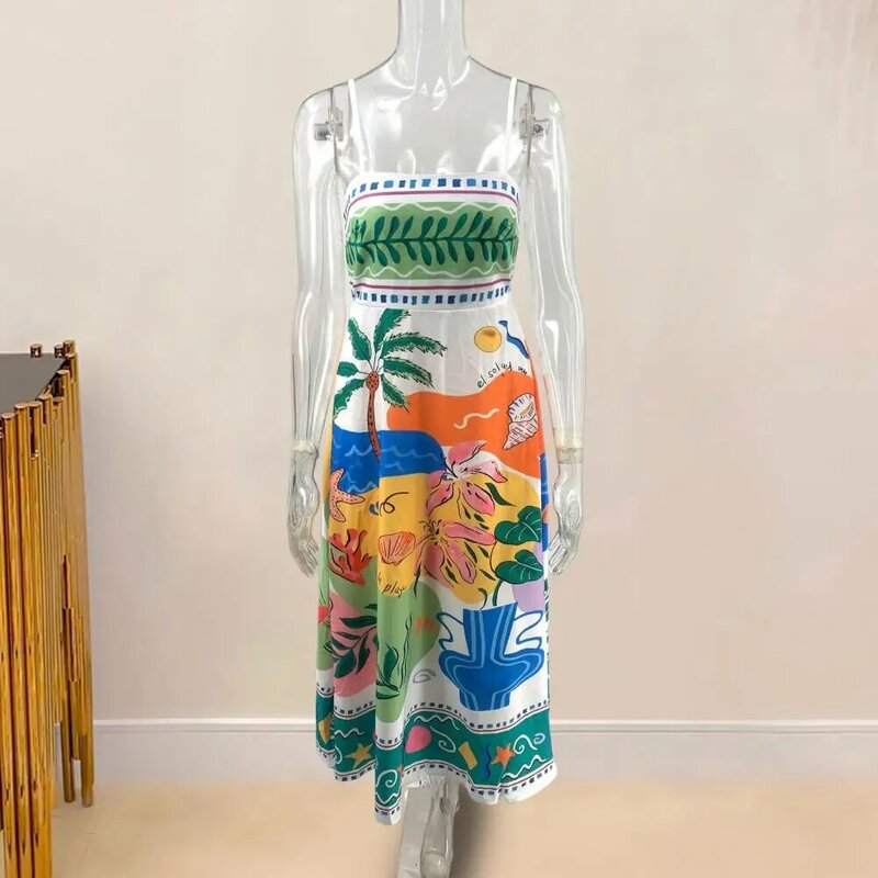 Desenhos animados das mulheres Print Spaghetti Strap Maxi vestido com bolsos laterais, um vestido de férias elegante para praia verão apresentando