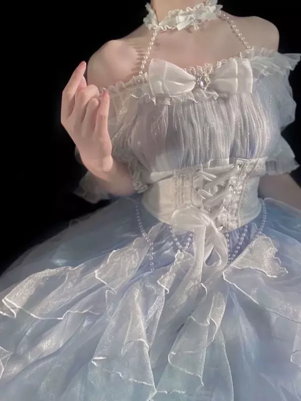 Französisch romantischen Stil Lolita op elegante Mädchen Cosplay Prinzessin Puff Ärmel Band Bowknot Blume Tunika Mesh fantastische Fee Kleid