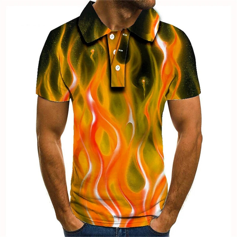 Kaus Polo pria, kemeja tenis, Kemeja Golf cetakan grafis merah api 3D cetak Jalan kasual lengan pendek kancing bawah