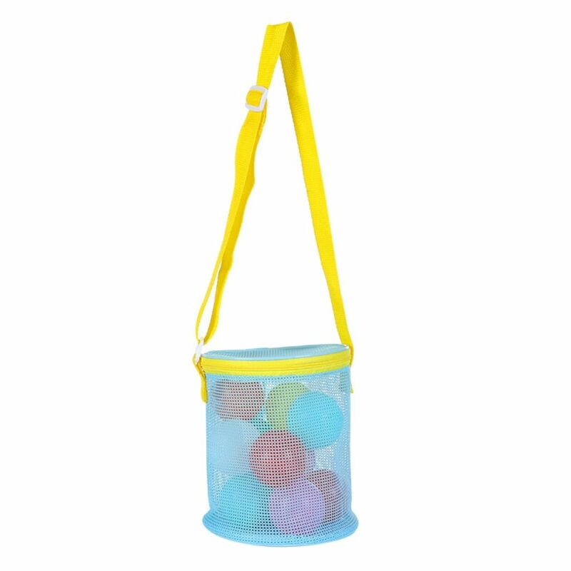 Net Outdoor Beach Mesh Bag Mesh Pool Bag Adjustable Shoulder Strap Zipper Round Bucket Mesh Beach Bag Swim Sand Toys