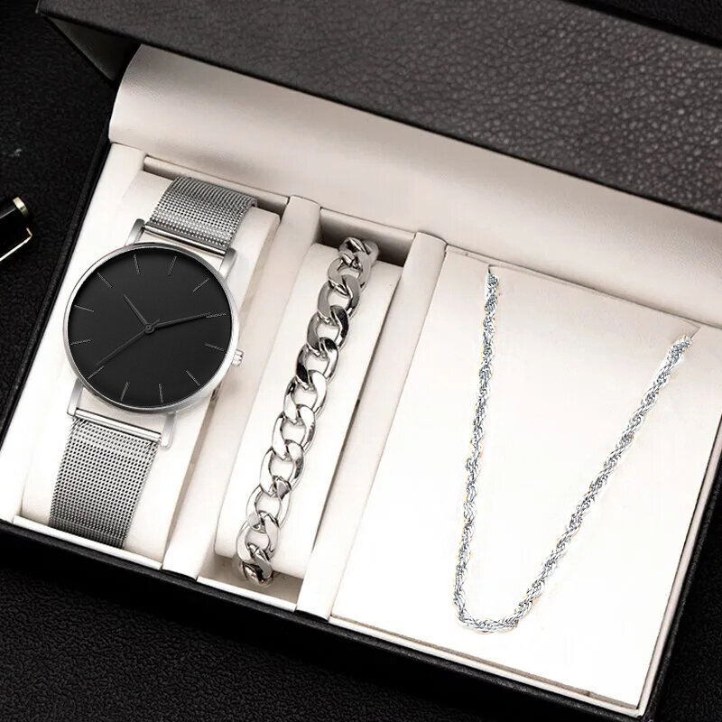 Ensemble de 3 montres à quartz ultra fines pour hommes, bracelet décontracté, collier, acier inoxydable, ceinture en maille, mode d'affaires simple