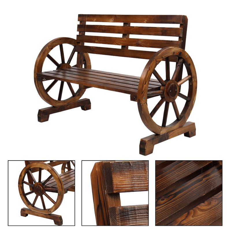 Rustic 2-Person Wooden Wagon Wheel Bench with Slatted Seat and Backrest Brown[US-Stock]