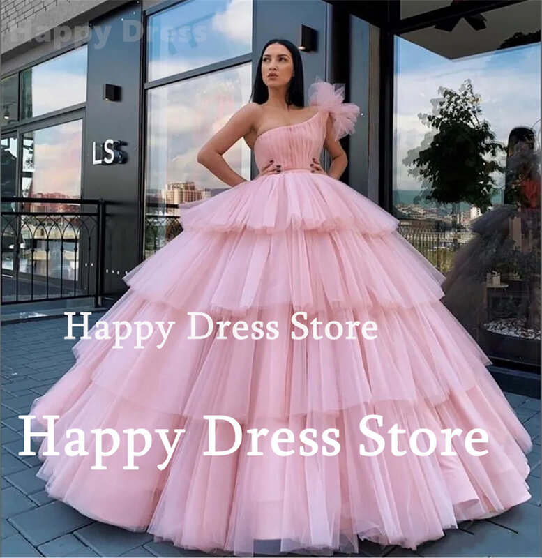 Women Romantic Prom Dress One Shoulder Sleeveless A-Line Tulle Tiered Floor-Length Sweep Train Wedding Dress New Bridal Gown