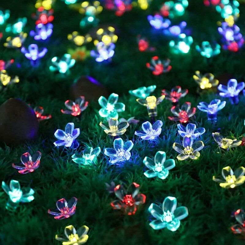 복숭아 사쿠라 꽃 태양 램프 전원 LED 스트링 요정 조명 화환, 야외 정원 크리스마스 장식, 20 50 100 LED