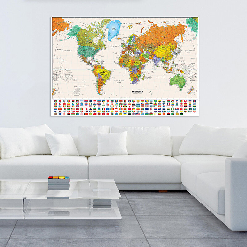 225*150cm mapa świata z flaga kraju duży plakat nietkany obraz edukacyjny salon dekoracja domu