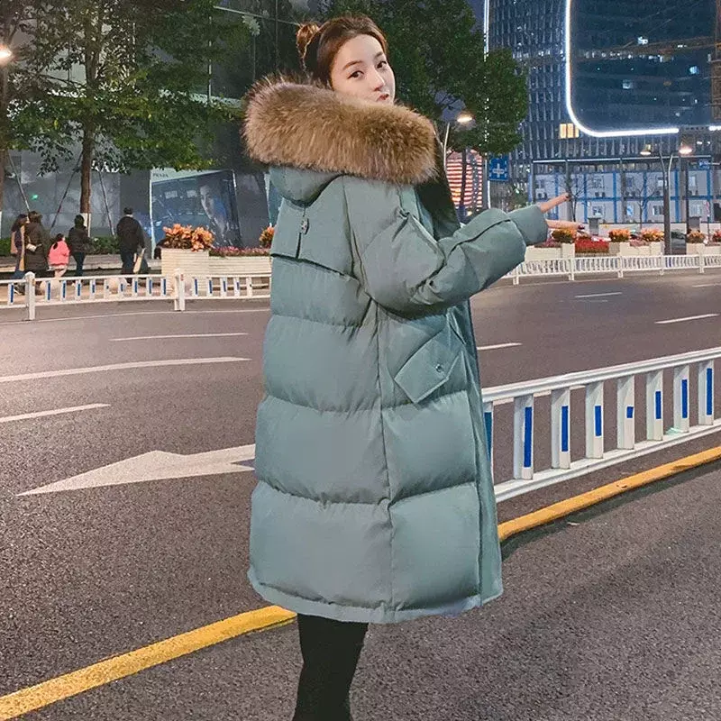 2023 Long Winter Jacket Women Clothing Padded Loose Hooded Fur Collar Down Cotton Coat Female Warm Thick Black Women's Parkas