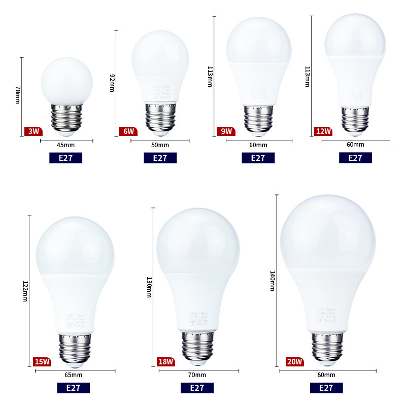 LED 램프 E27 E14 Lampara LED 전구, 3W, 6W, 9W, 12W, 15W, 18W, 20W, Lampada LED 전구, 220V, 실내 조명, 4 개/로트