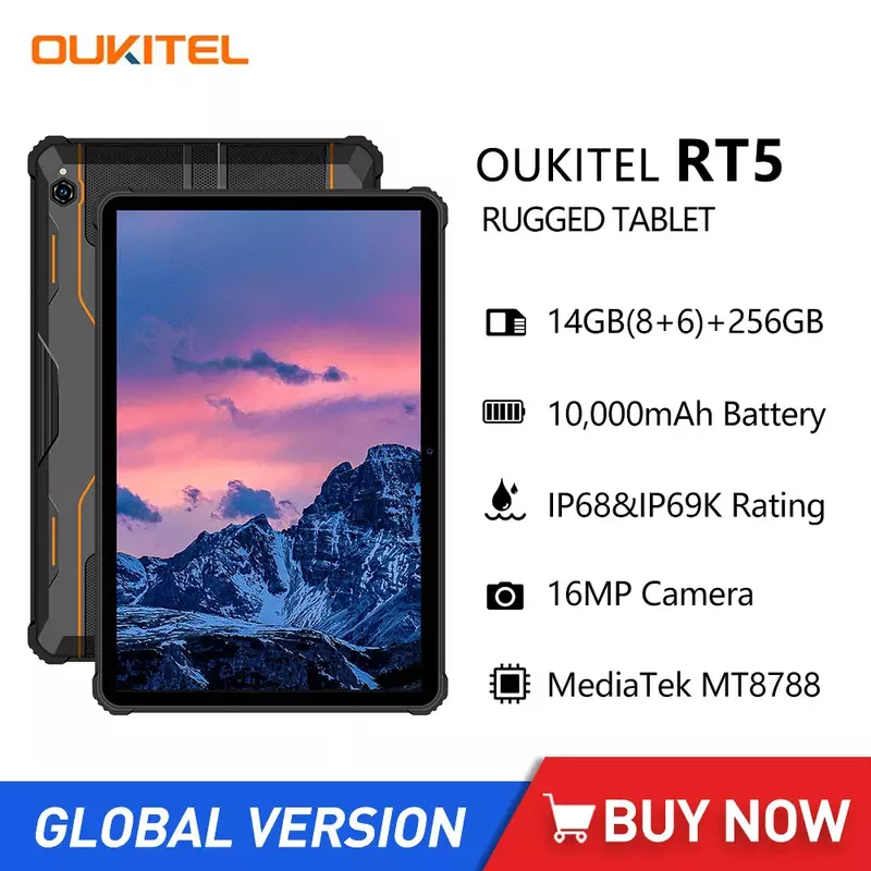 Oukitel RT5 Tablet kasar, Android 13 Pad Octa Core 10.1 inci FHD 8GB + 256GB Tablet 16MP kamera SIM ganda 11000mAh 33W pengisian daya Cepat