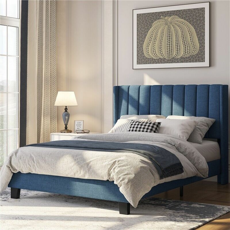 Base de colchón con borde de ala, marco de cama tapizado clásico, cabecero completo