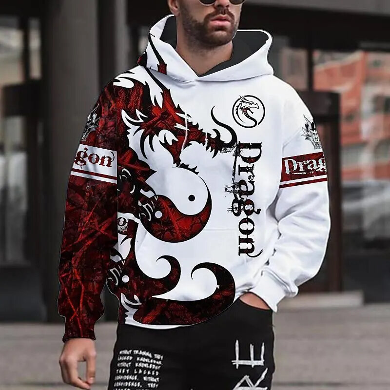 Męska bluza z kapturem dla mężczyzn Dragon graficzny nadruk bluzy 3D na zewnątrz sweter odzież codzienna moda jesienny rękaw