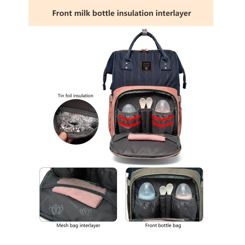 حقيبة ظهر من Lequeen للحفاضات حقيبة جديدة للأم ذات سعة كبيرة للأمهات مع تصميم USB للسفر عربة الأطفال حقائب الأمومة