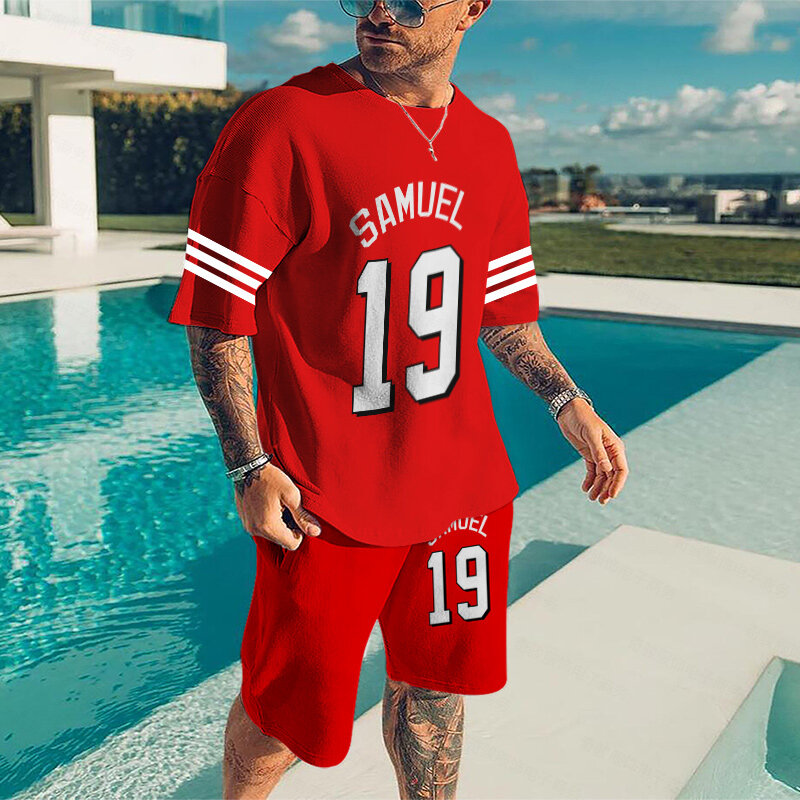 Summer Men's Short-Sleeved Shorts Suit Loose T-shirt Sports Style Red Ball Number Printing Breathable Casual Two-Piece Ball Suit
