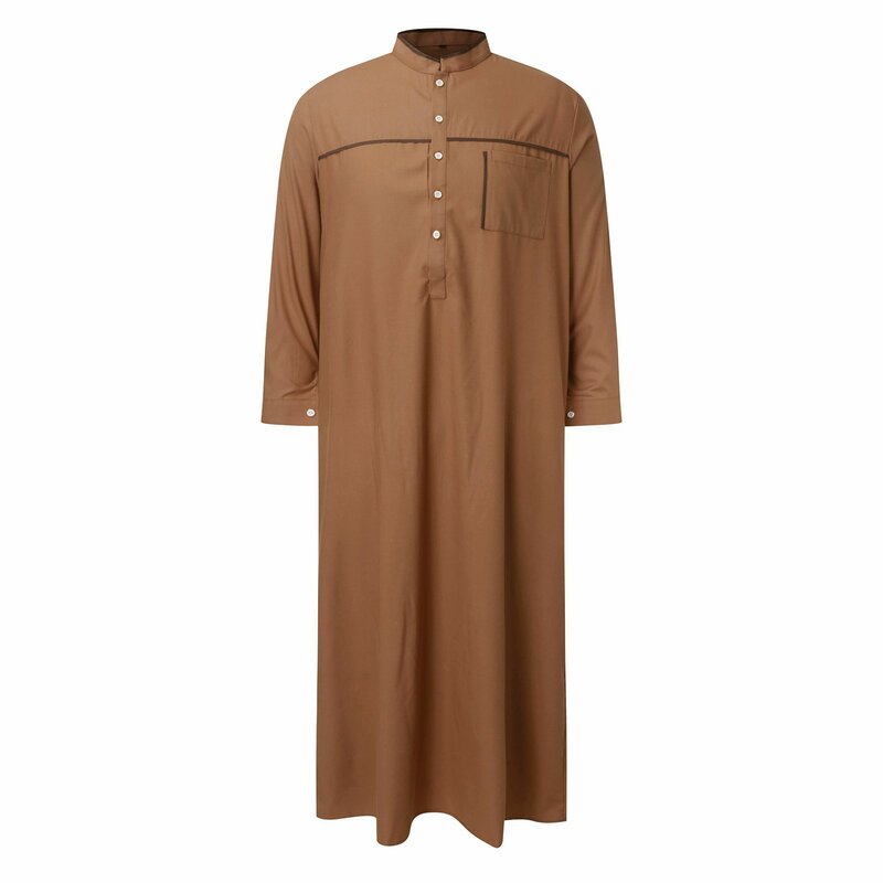 Uomini musulmani Jubba Thobe tasca manica lunga tinta unita abiti traspiranti colletto alla coreana arabo islamico caftano uomo moda Islam Robe