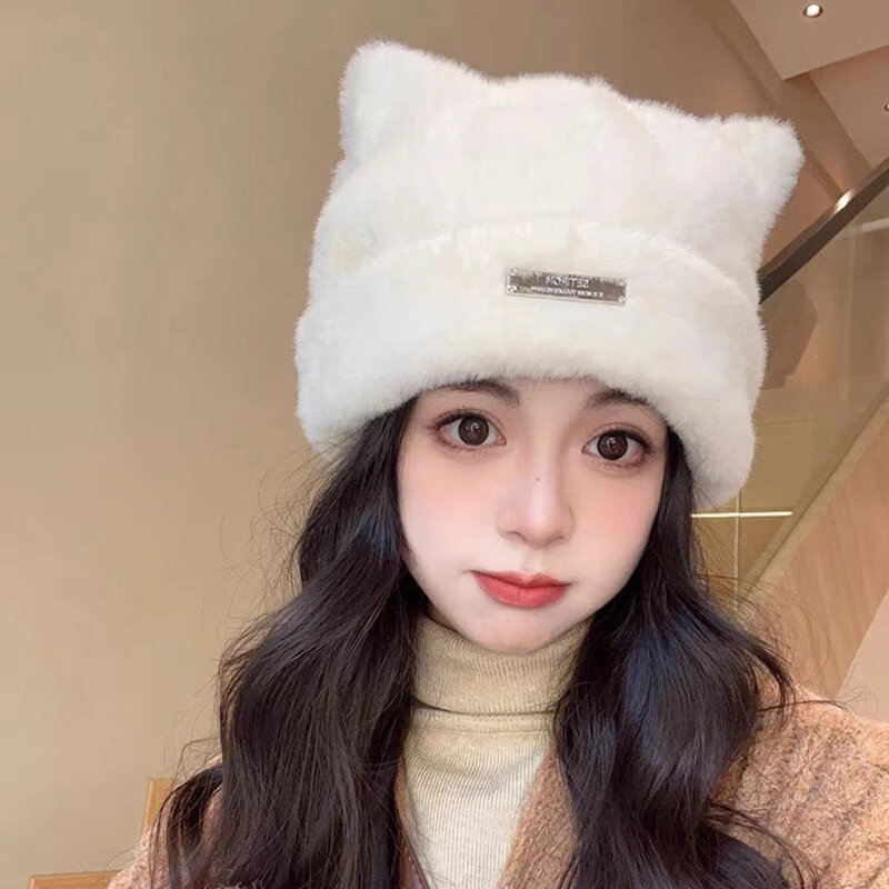 Topi rajut telinga kucing lucu, topi Pullover rambut Mink imitasi hangat musim gugur dan musim dingin untuk berkendara luar ruangan