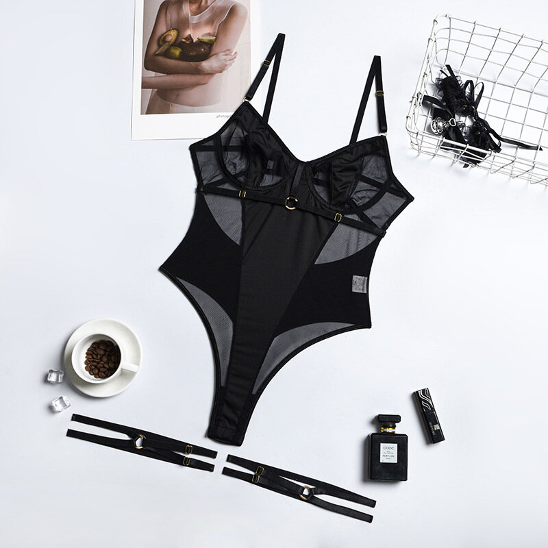 Bodysuit de renda sensual Ellolace para mulheres, lingerie sexy transparente, ver através das calças justas pretas, fitness maricas, corpo erótico crotchless