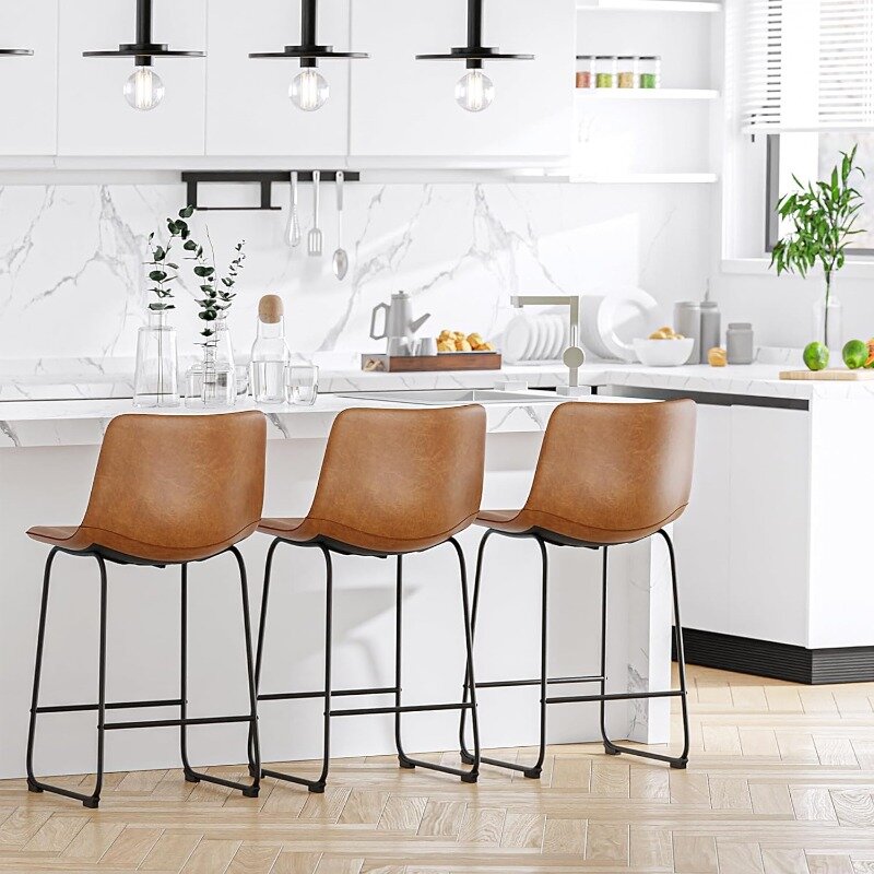 REONEY Bar Stools Set of 4, PU Leather Counter Height Bar Stools, 26" Modern Bar Stools with Metal Legs and Footrest
