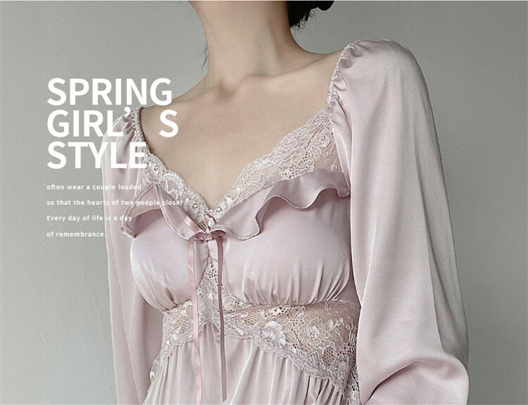 French New Spring Summer Nightgowns Women's Thin Ice Silk Long Dress Fairy Lace Sexy Homewear Nightdress Female Sleepwear