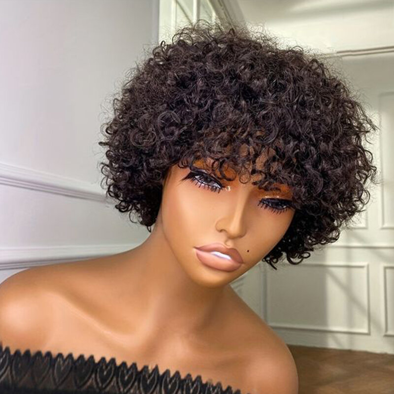 Debut-pelucas de cabello humano peruano para mujer, pelo corto Afro rizado con flequillo, Remy, color marrón Natural